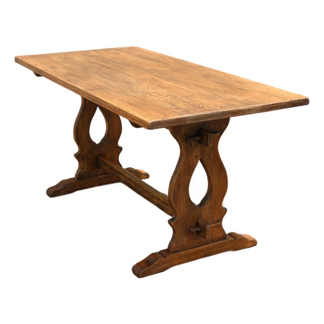 Antique American Oak & Cherry Trestle Dining Table, c.1930s | Rustic Farmhouse Kitchen Table With Solid Wood Construction For Sale