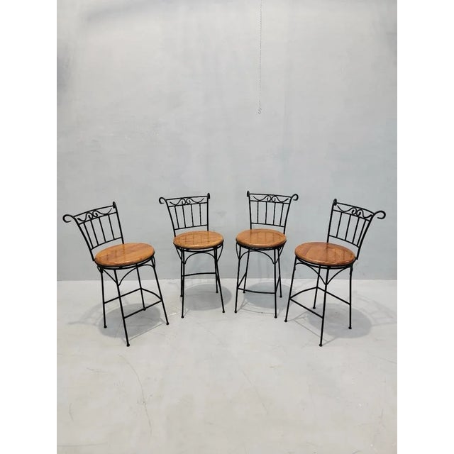 Metal French Country Style Wrought-Iron and Wood Swivel Bar Stools - Set of 4 For Sale - Image 7 of 7