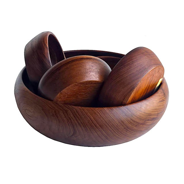 1970s Mid 20th Century Hand-Turned Teak Wood Bowls, 5 Pieces For Sale - Image 5 of 16