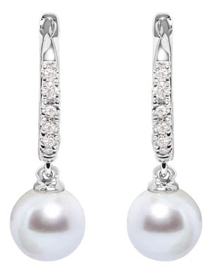 10K White Gold 6x6 MM Cultured Freshwater Pearl and Diamond Accent Drop Huggy Earring (H-I Color, I1-I2 Clarity)