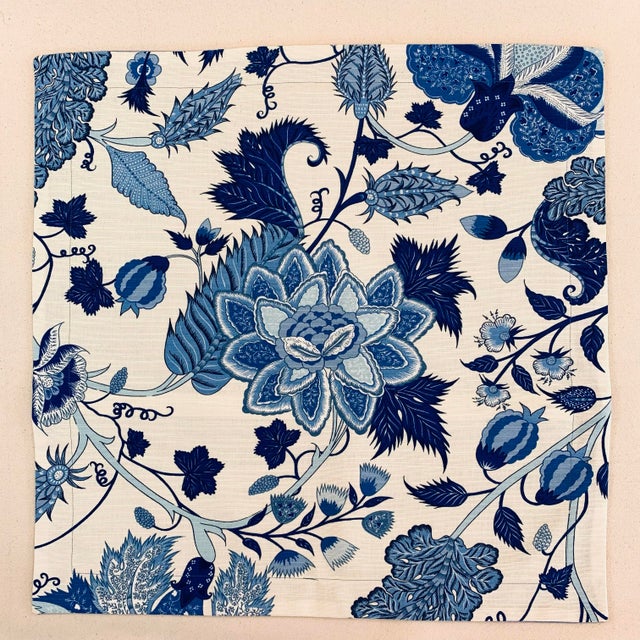 French Country Designer Thibaut Blue & Cream "Dorchester" Botanical Floral Jacobean Leaf Pillow Covers- 21" Pair For Sale - Image 3 of 6