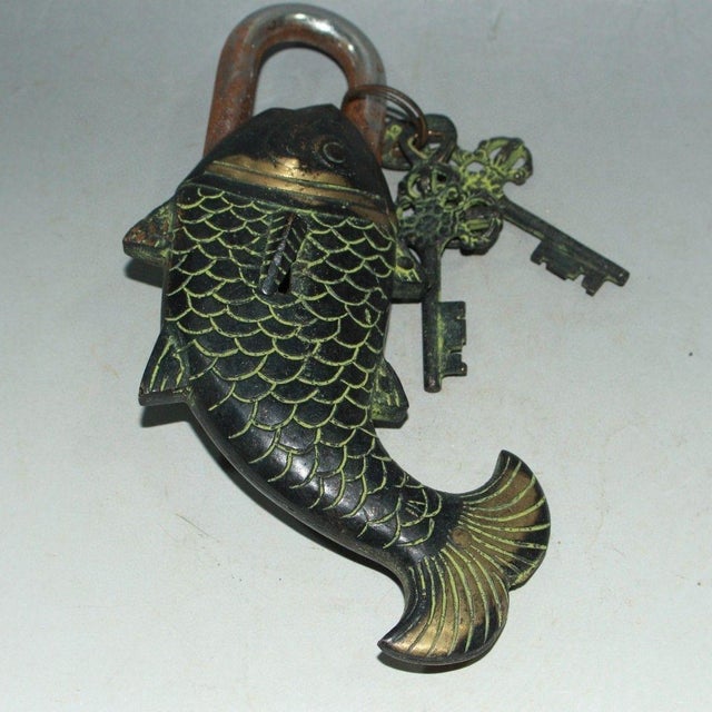 Vintage Nepalese Brass Fish Padlock With Skeleton Keys - Tibetan Style Lock For Sale - Image 9 of 9