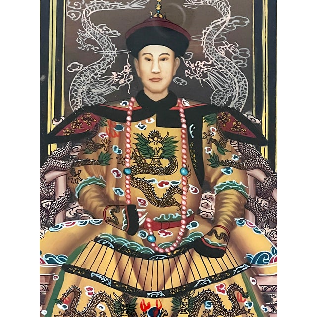 Chinoiserie Reverse Painted Chinese Qianlong Emperor & Empress (Nobles) Rosewood Framed Ancestor Paintings - A Pair For Sale - Image 3 of 13