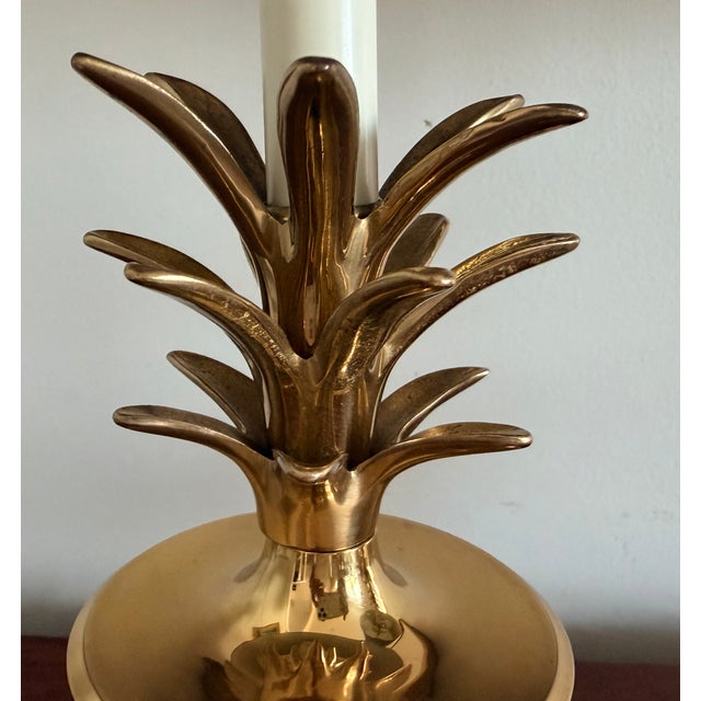 Pair Frederick Cooper Classic Modern Hollywood Regency Pineapple Polished Brass Table Lamps With Black Tole Shades For Sale - Image 12 of 18