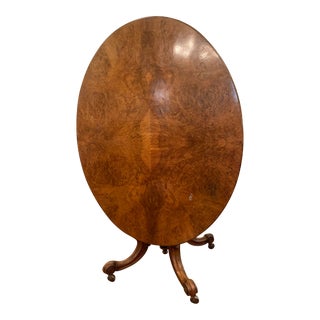 19th Century English Burl Wood Walnut Tilt-Top Breakfast Pedestal Oval Table For Sale