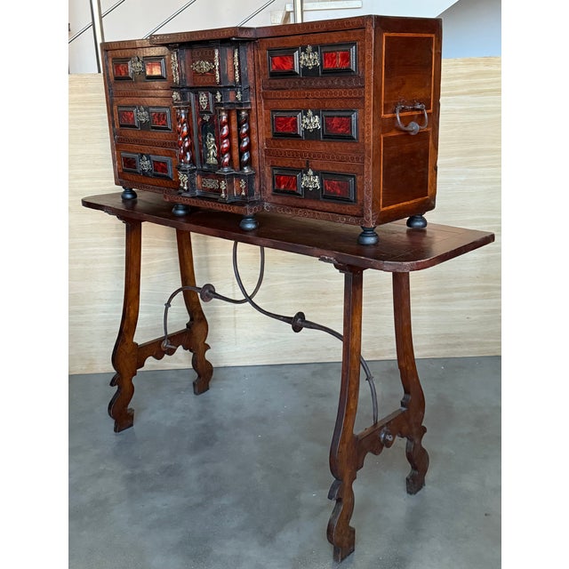Early 19th Century Spanish Walnut Bargueño Cabinet on Stand With Iron Stretcher For Sale - Image 6 of 17