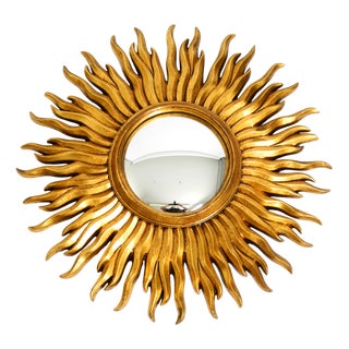 Large Mid-Century Modern Sunburst Wall Mirror in Gold-Plated Wood and Resin, 1960s For Sale