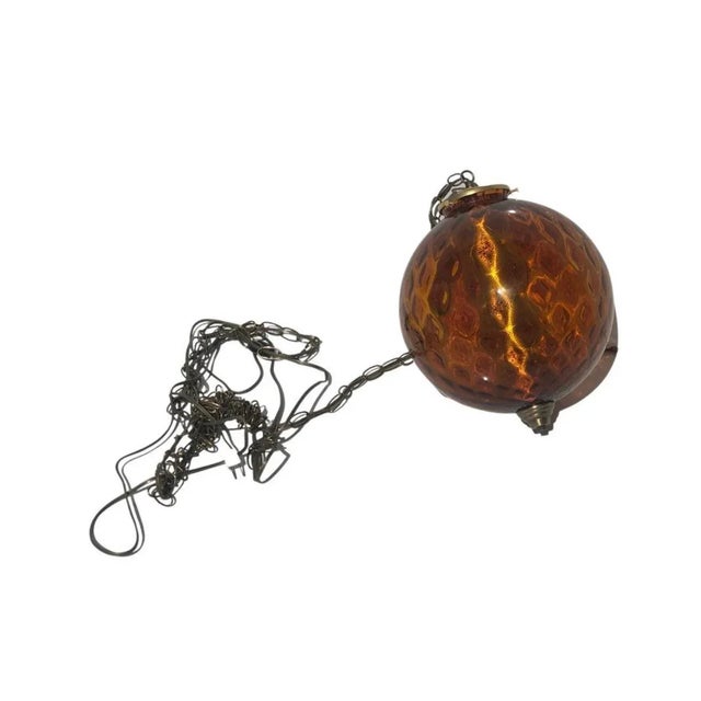 Mid Century Modern 1960s Swag Lamp Blown Glass Art Brass Hanging Ceiling For Sale - Image 4 of 11