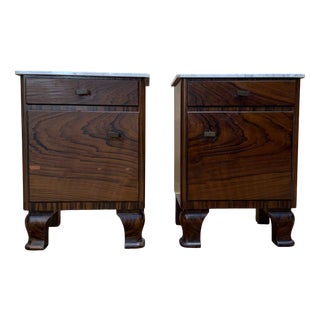 Art Deco Nightstands in Exotic Wood Veneer with Marble Tops, Set of 2 For Sale