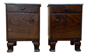Art Deco Nightstands in Exotic Wood Veneer with Marble Tops, Set of 2
