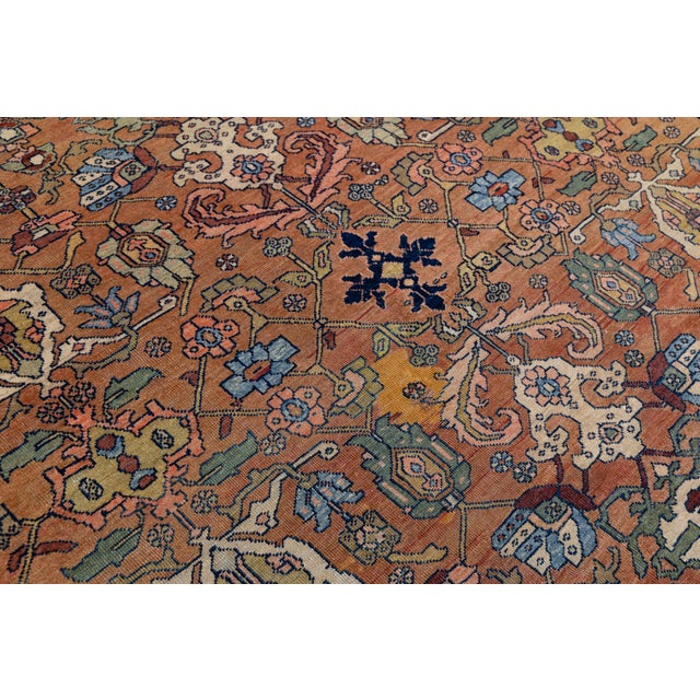 Burnt Orange Vintage Hand-Knotted Mahal Area Wool Rug – Rustic Red & Navy Blue Floral For Sale - Image 8 of 9