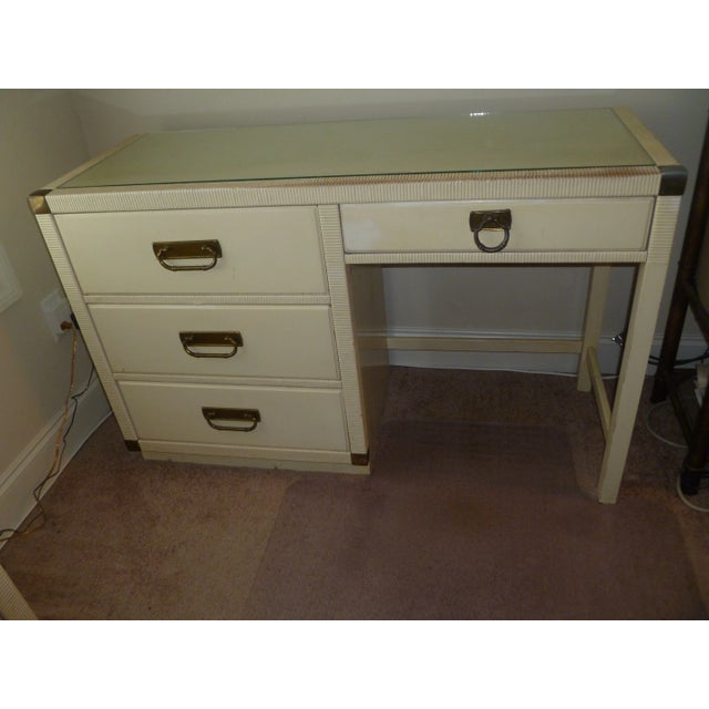 Drexel Vitg Wicker Touched Up Drexel Campaign Lacquered Natural Rattan Desk Wood Dresser Glass Top Tommy Bahama Style Table Made For Sale - Image 4 of 8