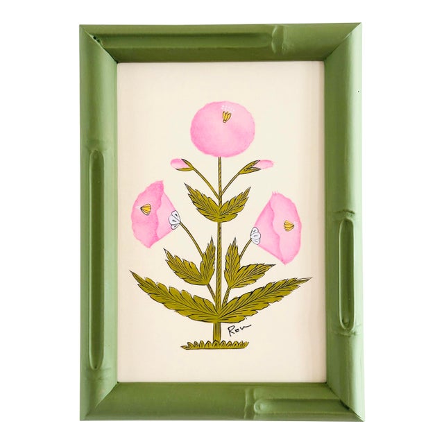 Original Hand-Painted Pink and Green Floral Motif Painting in a Hand-Painted Frame For Sale