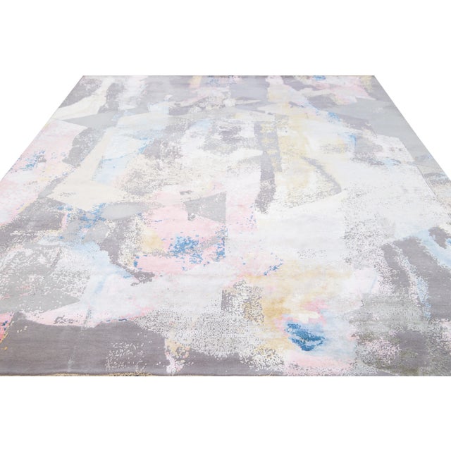 Indian Modern Indian Handmade Multicolor Abstract Wool and Silk Rug For Sale - Image 3 of 11