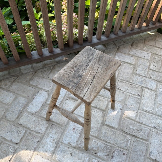 Wood 19th Century English Rustic Weathered Wooden Stool With Turned Legs For Sale - Image 7 of 11