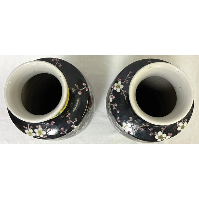Mid Century Chinoiserie Birds With Peonies Hand Painted Porcelain Vases- a Pair For Sale - Image 9 of 12