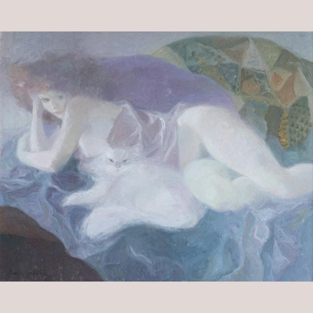Emilia Castañeda Martínez, Female Figure with Cat, 1970s, Oil on Canvas For Sale - Image 8 of 8