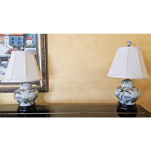 Vintage Chinoiserie Porcelain Bird & Floral Table Lamps With Shades - a Pair For Sale - Image 18 of 18