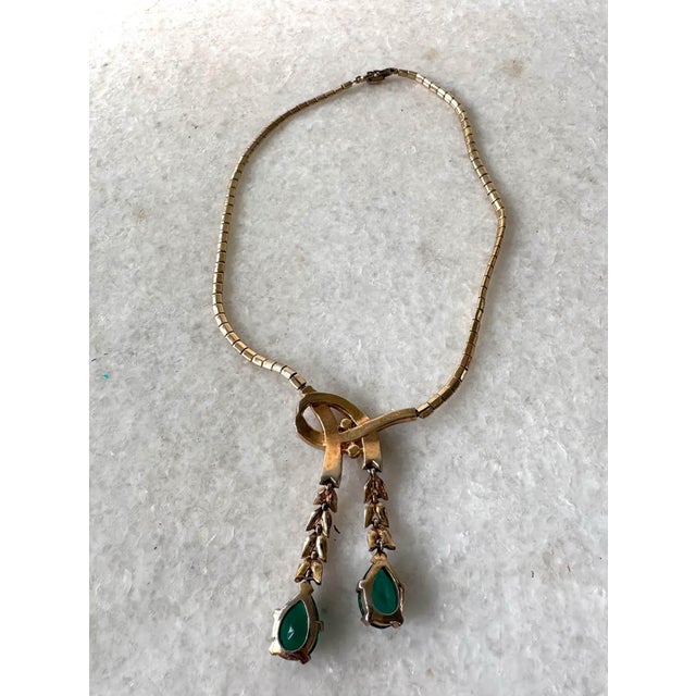 Trifari 15" Vintage Crown Stamped Trifari Gold-Toned Emerald and Clear Rhinestone Necklace - 1949 For Sale - Image 4 of 5