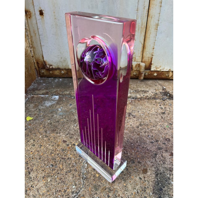 Shlomi Haziza Acrylic Sculpture in shades of Purple. Round Ball is mounted in the center of a 24" tall column. Great Scale...
