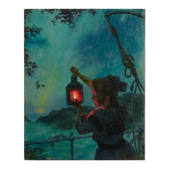 Early 20th Century "Girl with Lantern" Figurative Oil Painting by Otto Toaspern For Sale