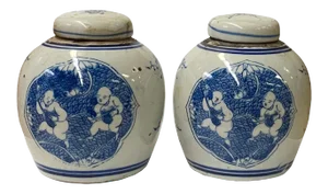 Blue White Small Oriental Graphic Porcelain Ginger Jars - a Pair