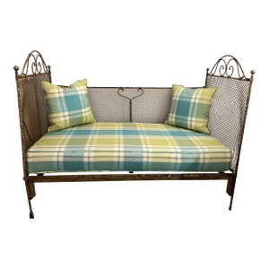 1960s Vintage French Settee, Metal With Silk Cushions