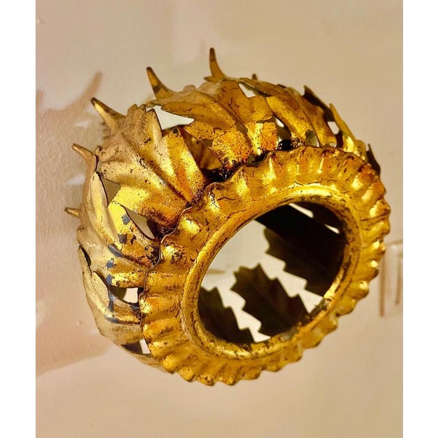 Spanish Crown Sunburst Wall Lights in Gilt Metal, 1950, Set of 2 For Sale - Image 6 of 9