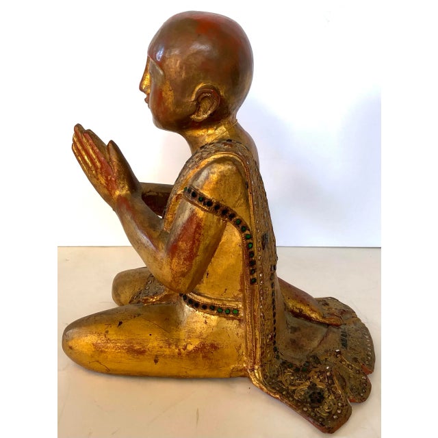 Thai Giltwood Hand Carved Pair of Mandalay Praying and Listening Monks For Sale - Image 9 of 12