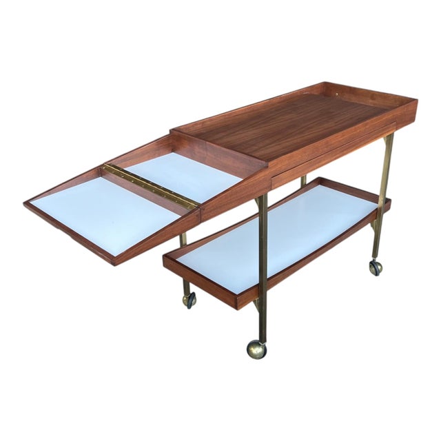 Paul McCobb Style Mid-Century Walnut Bar Cart With Brass Accents For Sale - Image 12 of 14