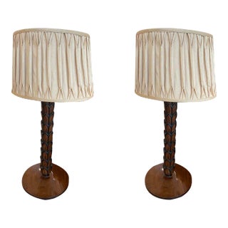 Pair of 1970s Carved Wood Table Lamps in a Palm Motif With Pleated Shade For Sale