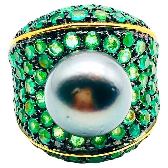 Bochic "Orient" Vintage Emerald & Tahiti Pearl Ring Set In 18K Gold & Silver, Size 7 For Sale - Image 15 of 18