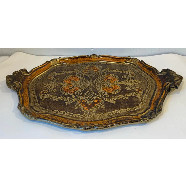 Beautiful Italian Florentine gilt wood tray with gold and orange details