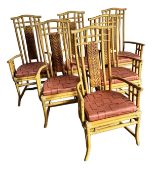 Boho Chic Rattan and Wicker High Back Dining Arm Chairs