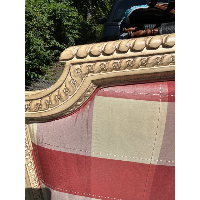 French Provincial Style Carved Wood King Headboard With Checked Fabric For Sale - Image 10 of 12