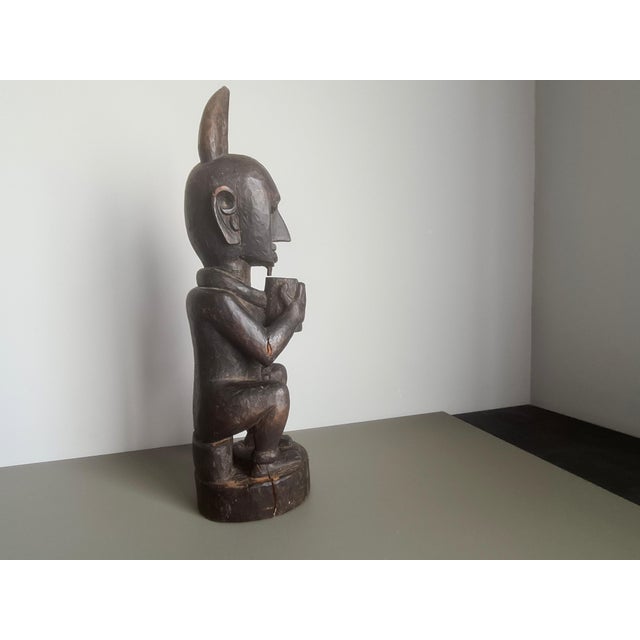 Vintage African Wooden Horned Figure Sculpture Tribal Art Hand Carved Wood Statue, 1970 For Sale - Image 3 of 9