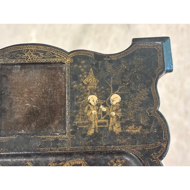 19th Century Antique 19th Century Black Lacquer Chinoiserie Inkstand With Cut Glass Inkwell For Sale - Image 5 of 18