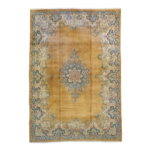 Antique Persian Kerman Wool 10X14 Gold, Blue, Pink & Ivory Handmade Area Rug #9901155