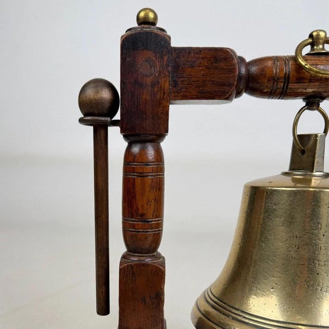 Antique English Edwardian Nautical Brass Bell with Oak Stand, 1900s For Sale - Image 11 of 12
