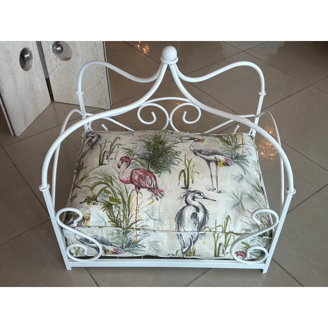 Beautiful vintage wrought iron metal canopy pagoda pet dog bed that has been newly powder-coated and newly upholstered...