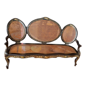 Mid 19th Century French Louis XV Style Hand Painted Carved Balloon Back Caned Bench Sofa