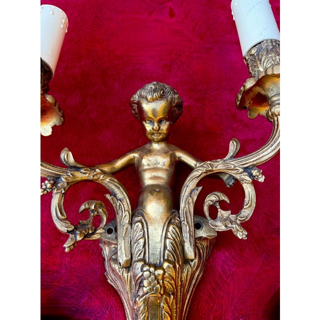French Louis XV Style Gilt Bronze Cherub Wall Sconces, 1930, Set of 2 For Sale - Image 12 of 18