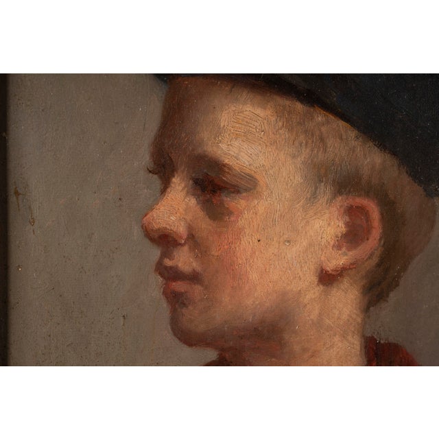 Unknown, Portrait of a Young Boy with Cap and Red Scarf, Oil Painting For Sale - Image 4 of 12