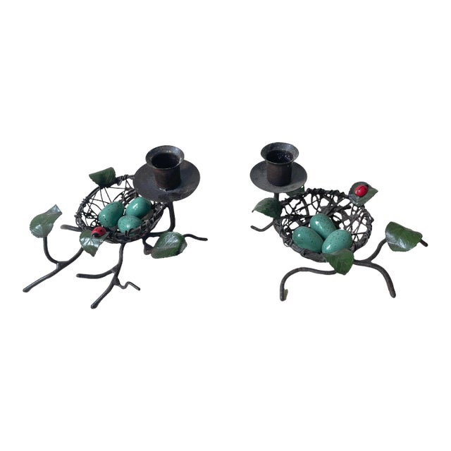 Pair Vintage Tole Bird Nest Candleholders With Eggs and Ladybug For Sale