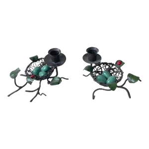 Pair Vintage Tole Bird Nest Candleholders With Eggs and Ladybug