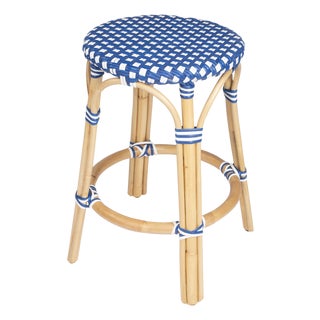 Tobias 24 in. Seat Height Round Rattan Backless Counter Stool, Blue/White Dot / Natural Rattan Frame For Sale