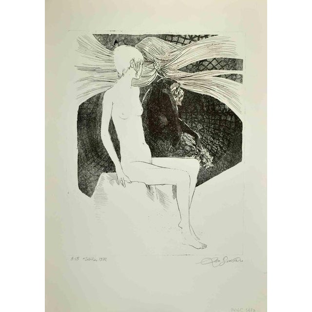 Sibilla is an etching print realized by Leo Guida in 1972. Hand-signed, dated, edition of 3/15. Good condition. Leo Guida...