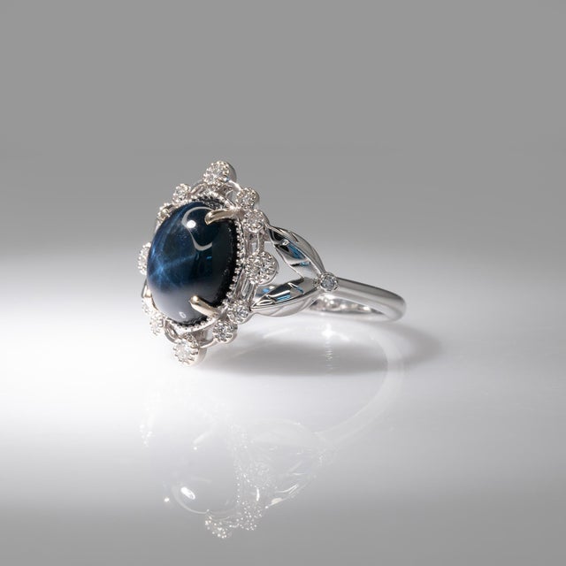 4 Star Sapphire Ring With Earth Mined Diamonds Accents: Solid 14k Gold, Size 6.75 For Sale In Columbus - Image 6 of 8