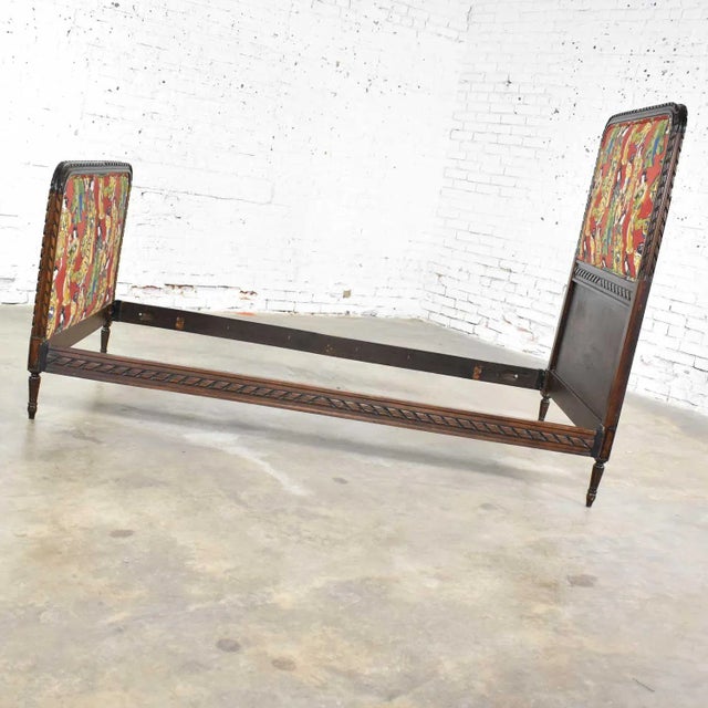 19th Century Antique French Carved Walnut and Upholstered Twin Bed With Asian Figural Fabric For Sale - Image 5 of 12