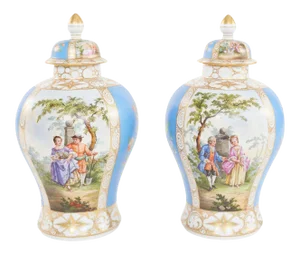 19th Century German Porcelain Covered Urns - a Pair